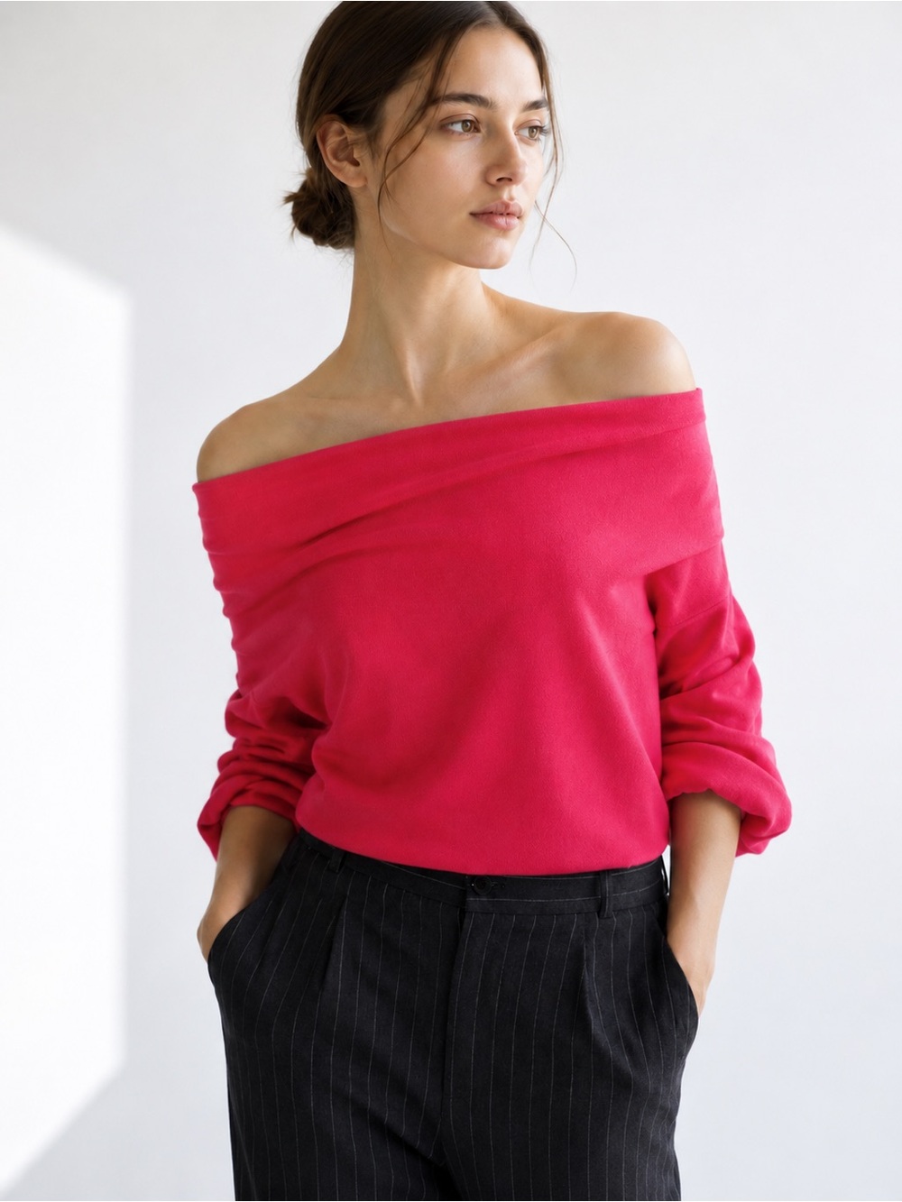 Zara Ribbed Knit Cropped Sweater Bandeau Cowl Neck Pink Womens S Balloon Sleeve